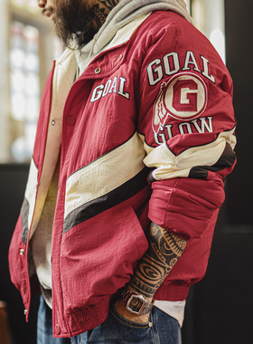 马登工装美式复古拼接撞色赛车夹克红色翻领加厚保暖棉服外套男冬