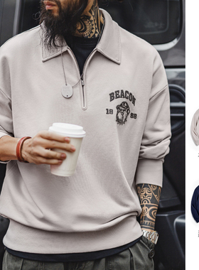 马登工装美式复古立体刺绣半拉链卫衣休闲翻领套头polo衫上衣男秋