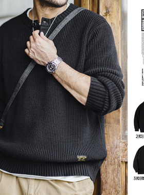 马登工装美式复古竖条纹亨利领毛衣宽松加厚黑色打底针织衫男秋冬