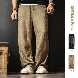垂感莱赛尔天丝长裤 老钱风薄款 子男夏秋 亚麻卡其色贝克裤 马登工装