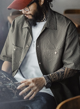 马登工装美式休闲AIRY空气感泡泡纱衬衫透气薄款衬衣外套男秋夏