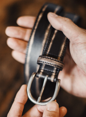 马登工装美式复古头层植鞣牛皮带腰带单针真皮扣头硬汉裤腰带男款