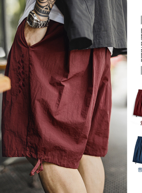 马登工装美式纳瓦霍刺绣短裤宽松红色肌理感沙滩薄款五分裤男夏季