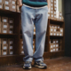 马登工装 男春 纯棉毛边直筒休闲老爹长裤 美式 复古水洗蓝丹宁牛仔裤