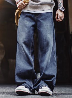 马登工装美式复古水洗弯刀牛仔裤丹宁阔腿垂感拖地休闲长裤子男秋