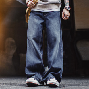丹宁阔腿垂感拖地休闲长裤 复古水洗弯刀牛仔裤 子男秋 美式 马登工装