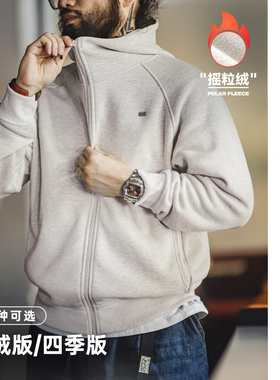 马登工装美式休闲连帽开衫卫衣摇粒绒加绒保暖运动拉链外套男秋