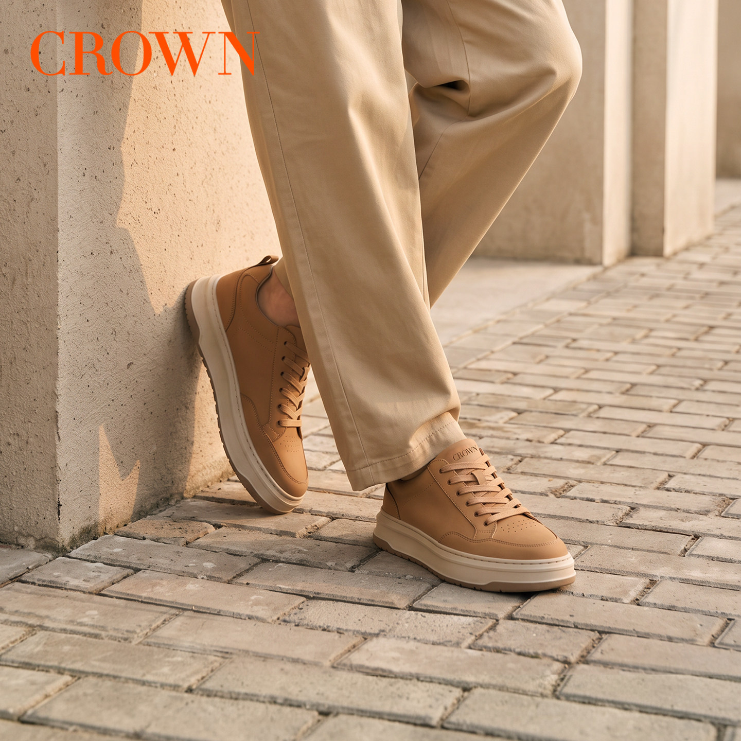 CROWN/皇冠牛皮厚底板鞋男增高高级时尚百搭舒适耐磨男鞋休闲鞋男