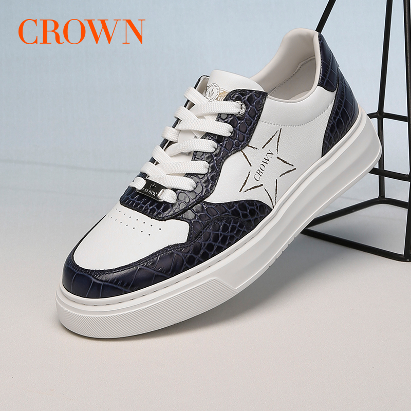CROWN/皇冠男鞋正品新款百搭运动休闲板鞋男士真皮透气小白鞋