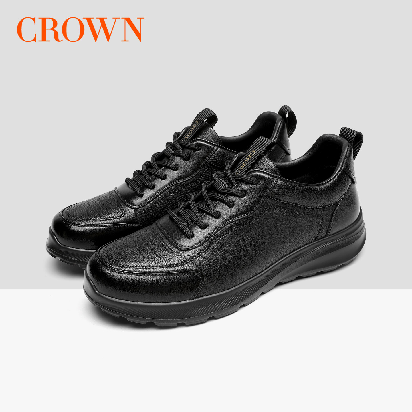 CROWN/皇冠休闲男鞋真皮冬季板鞋加绒保暖舒适厚底增高户外通勤鞋