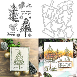 圣诞树英文Scrapbook DIY相册手账切割模具蚀刻压花模具+透明印章