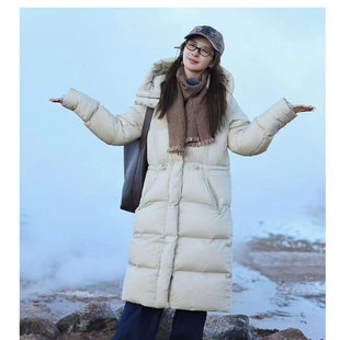 2024明星同款刘烨羽绒服同款长款韩版纯色加厚收腰连帽白鸭绒外套