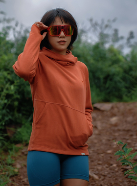 保暖能量方格加绒连帽卫衣火山岩美利奴羊毛运动休闲秋冬外套女