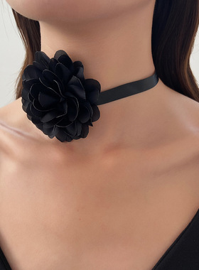 欧美跨境复古玫瑰花朵chocker项链夸张植绒布法式晚宴项圈颈链
