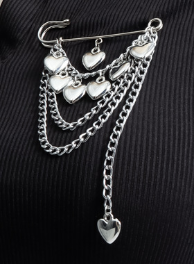 欧美跨境饰品新款爱心链条胸针 多层流苏胸花复古金属风个性别针