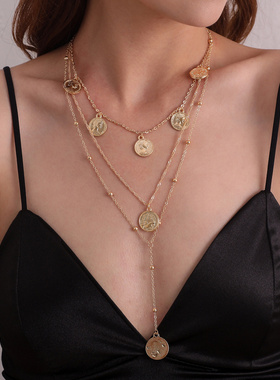 欧美饰品跨境 多层合金圆牌圆珠长款项链女 时尚复古个性新款项饰