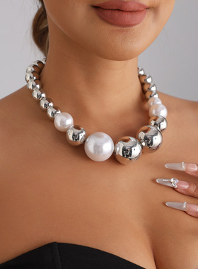 欧美跨境饰品时尚银白圆形珍珠项