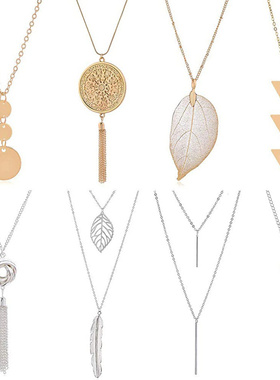 欧美饰品跨境 8件个性流苏几何项链套装 时尚夸张圆环女士毛衣链