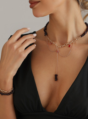 欧美跨境饰品异型不规则串珠几何Y型项链 ins性感流苏甜酷风项饰