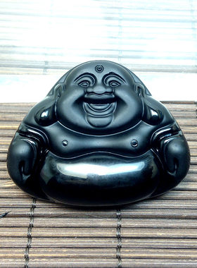 天然黑曜石水晶项链弥勒佛吊坠