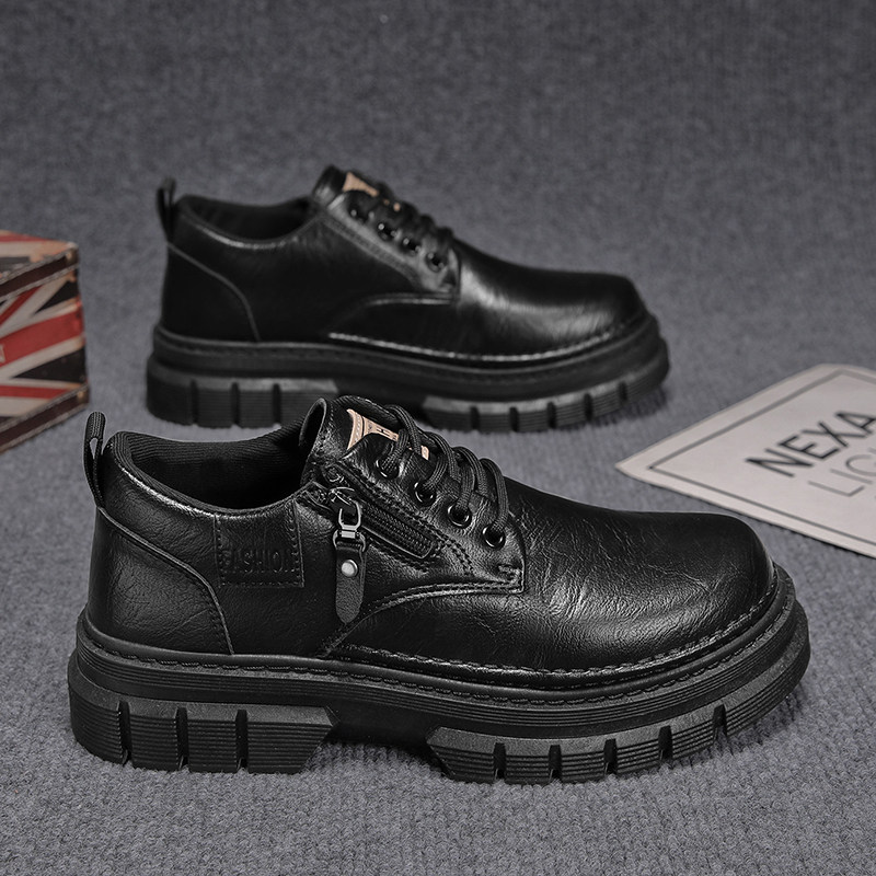 男鞋秋季青少年休闲厚底增高皮鞋冬季百搭工作运动黑色低帮马丁靴