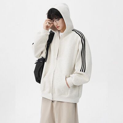 美式重磅连帽卫衣潮牌男女春秋季百搭休闲情侣外套三条杠条纹开衫