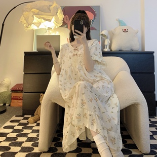 Kiai 200斤胖MM高级感夏季加大码睡衣女睡裙短袖中长裙加肥家居服