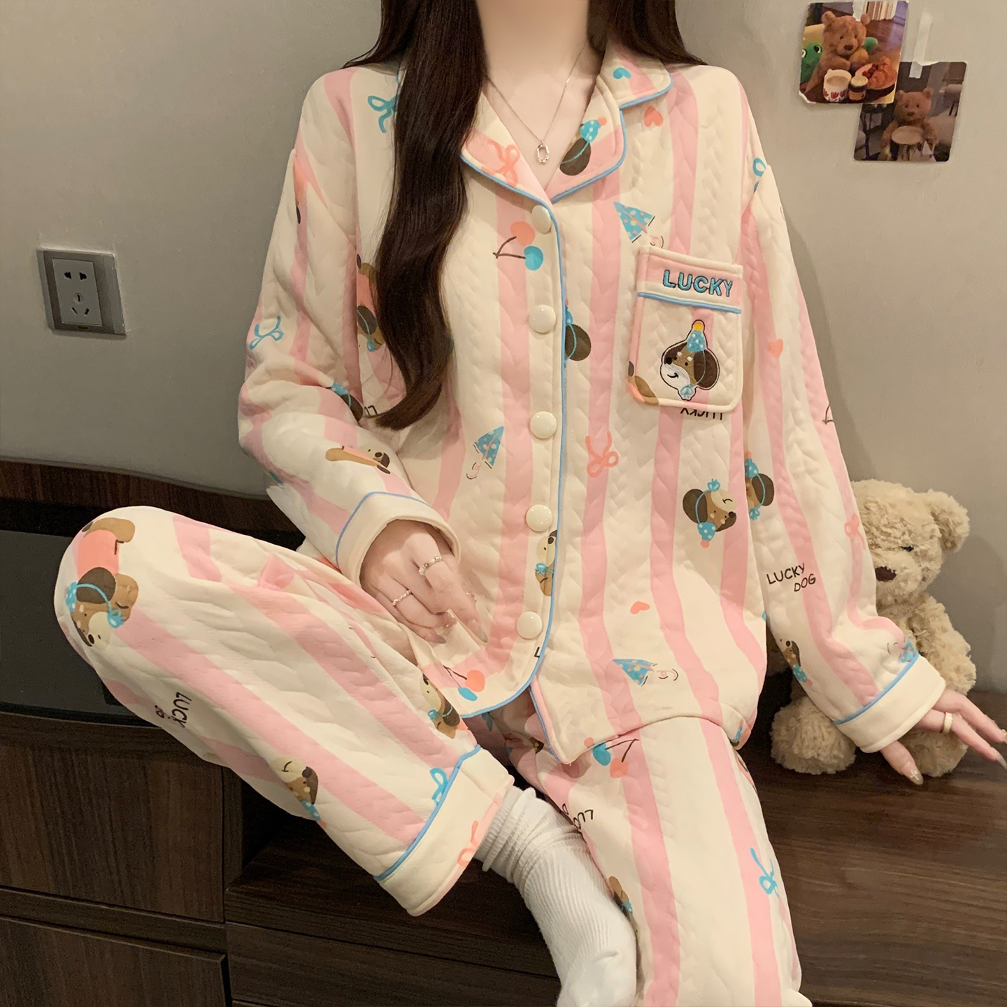 Kiai Pocket 睡衣女秋冬新款卡通可爱空气棉夹层开衫套装保暖家居