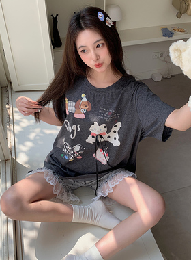 Kiai 可外穿2026新款夏季睡衣女波点蕾丝边腊肠狗短袖短裤可爱家