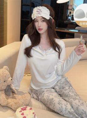 Kiai 可外穿春季女士睡衣套装莫代尔开衫蕾丝家居服带胸垫家居服