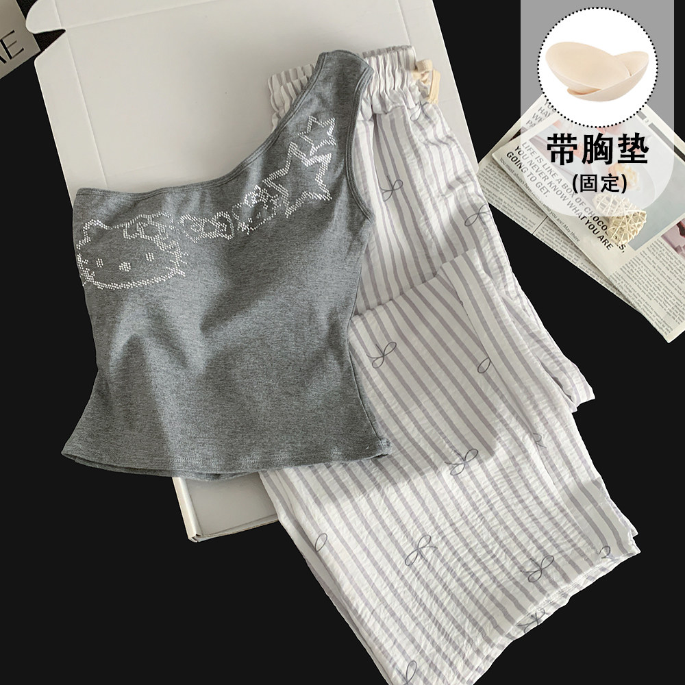 Kiai 可外穿带胸垫睡衣女夏季斜肩一体式吊带背心长裤性感家居服