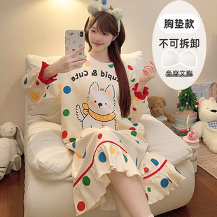 Kiai 200斤胖mm带胸垫纯棉睡衣女秋冬睡裙长袖宽松加肥大码家居服