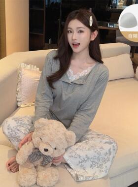 Kiai 可外穿春季女士睡衣新款莫代尔开衫蕾丝家居服带胸垫家居服