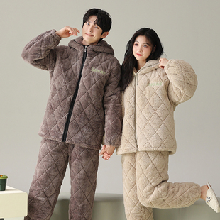 Kiai 可外穿冬季情侣睡衣女三层夹棉带帽加绒加厚保暖可外穿男士