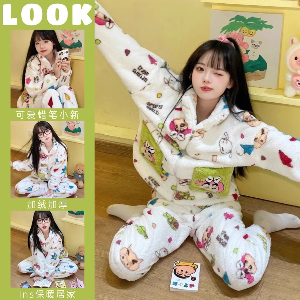 Kiai Pocket 少女可爱蜡笔小新珊瑚绒睡衣女加绒加厚冬季法兰绒家