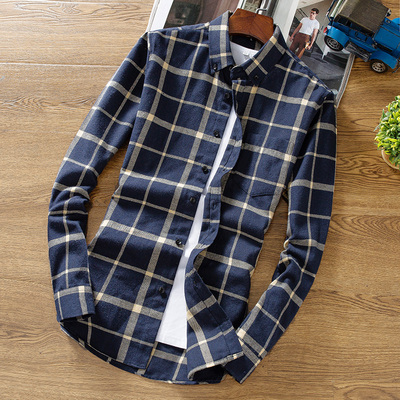 班尼路格子韩版修身学生长袖衬衫