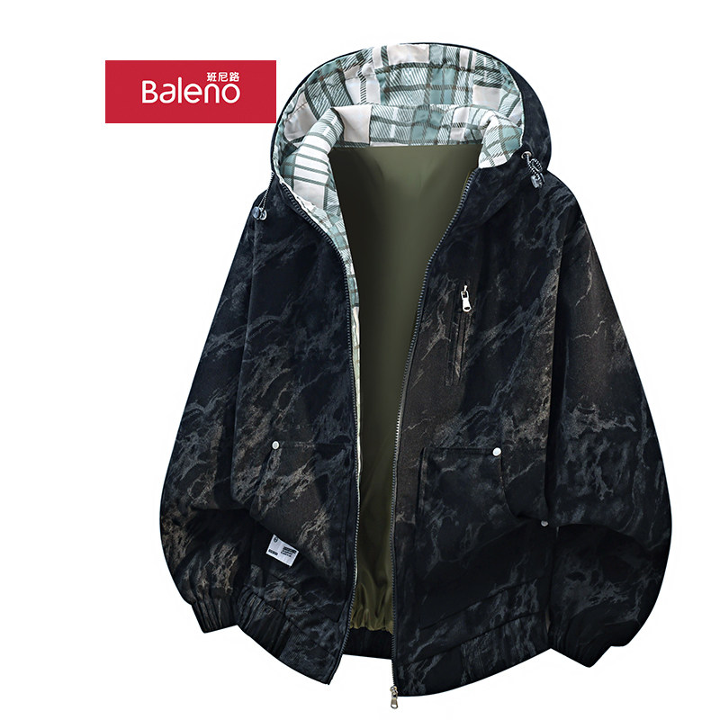 班尼路扎染灯芯绒外套男春秋季新款宽松格子拼接连帽夹克休闲上衣,男装,夹克,淘宝优惠券,粉丝福利购,淘宝优惠卷