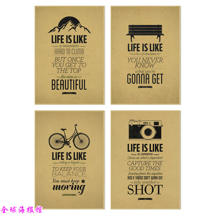创意海报装饰画 生活就像一盒巧克力 一只照相机 骑自行车 一座山