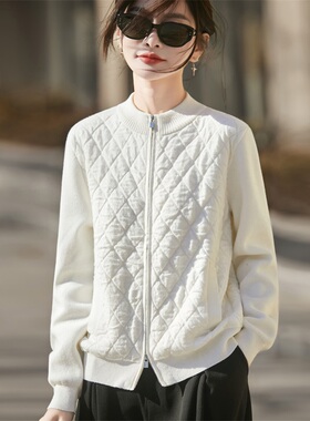 简约风菱格纹针织开衫女白色拉链外套通勤简约休闲菱形格棉服开衫