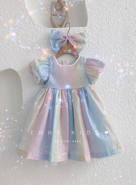 女童夏装艾莎短袖连衣裙女宝宝爱莎公主泡泡袖仙女裙子六一礼服裙