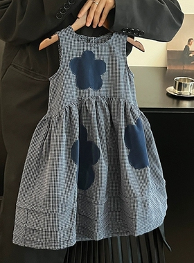 女童连衣裙2025夏季洋气新款女宝宝植绒贴花背心裙儿童格子公主裙