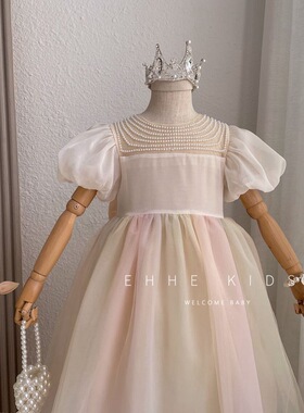 韩国童装2022夏季女童短袖连衣裙高级感儿童洋气泡泡袖网纱公主裙