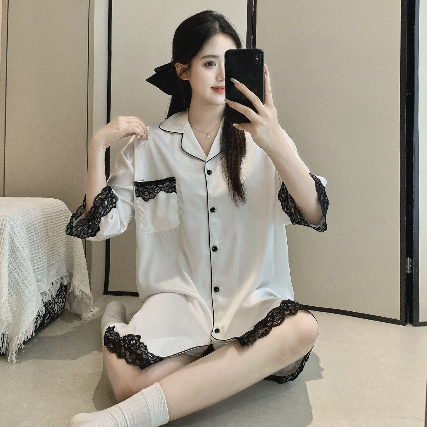 夏季冰丝薄款性感蕾丝睡裙女短袖