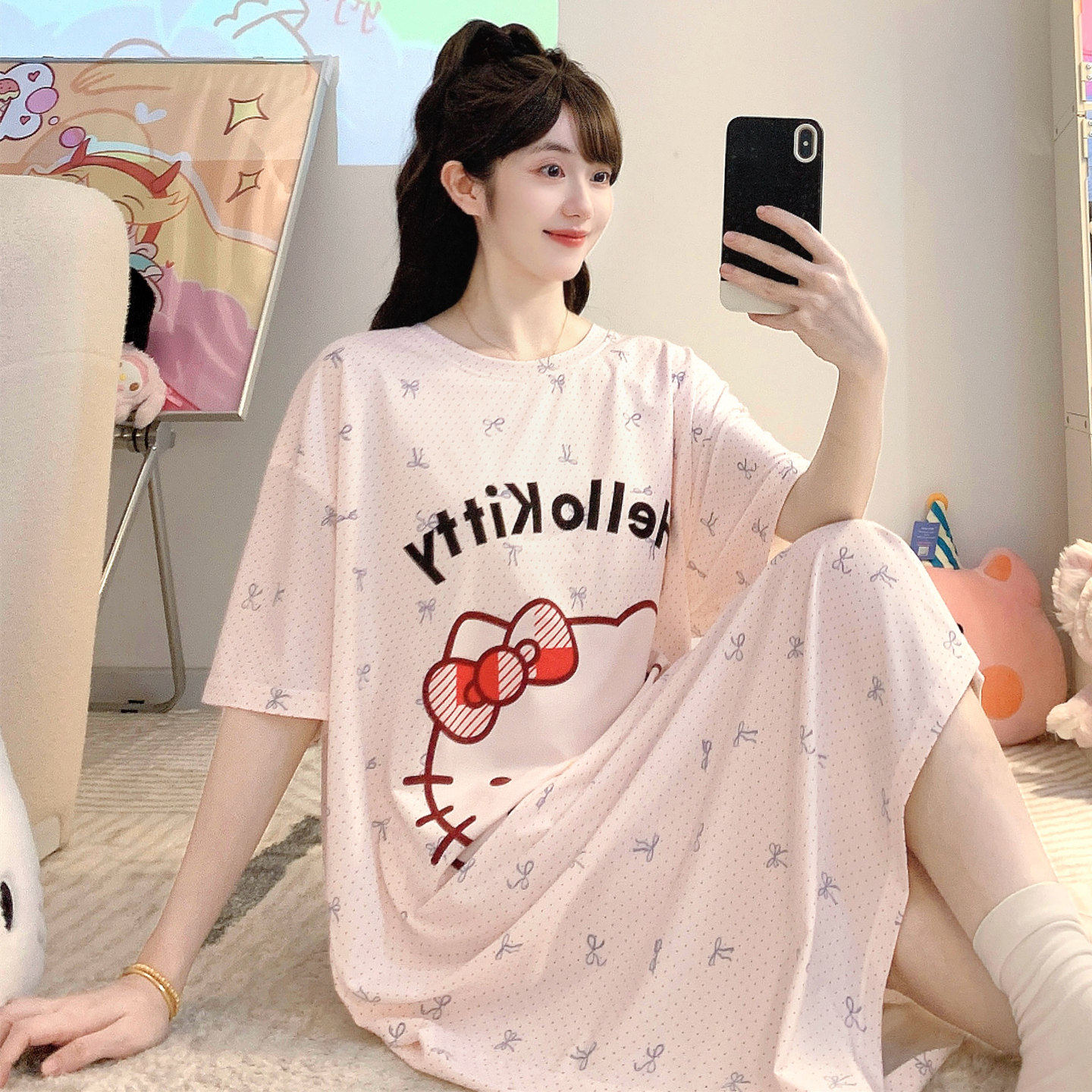 夏季特大码短袖带胸垫睡裙过膝女