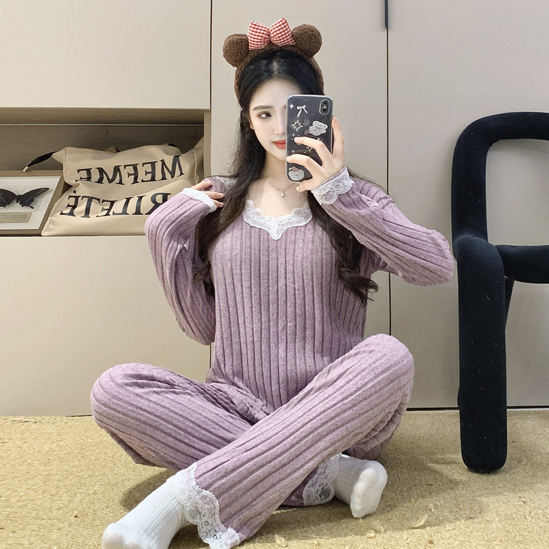 羊绒睡衣女士春秋长袖长裤带胸垫2025新款性感蕾丝保暖冬季家居服