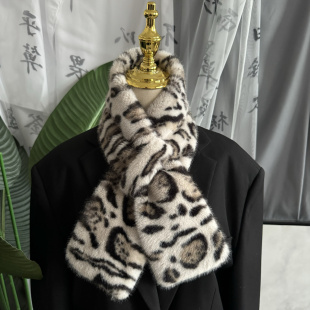 韩版 仿水貂皮草网红围脖保暖百搭交叉脖套毛领 豹纹毛绒围巾女冬季