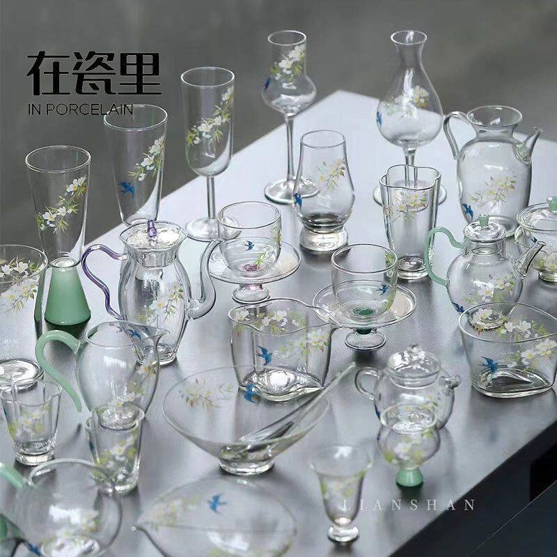 在瓷里2025春归日式玻璃系列合集手工贴画盖碗茶壶茶杯公道杯配件