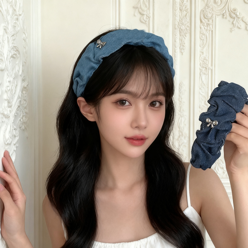 韩国牛仔布褶皱宽边发箍女2025新款日常外戴高颅顶头箍女发卡头饰