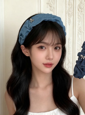 韩国牛仔布褶皱宽边发箍女2025新款日常外戴高颅顶头箍女发卡头饰
