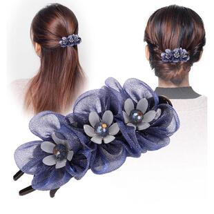 韩版鸭嘴夹娟纱花朵布艺发夹盘头发妈妈发夹子头饰发夹后脑勺顶夹